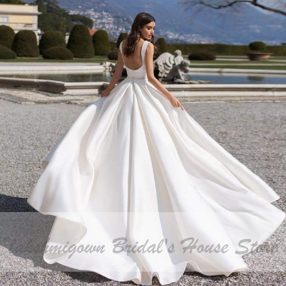 NumberSea - NumberSea Elegant A Line V Neck Satin Wedding Dresses with Pockets