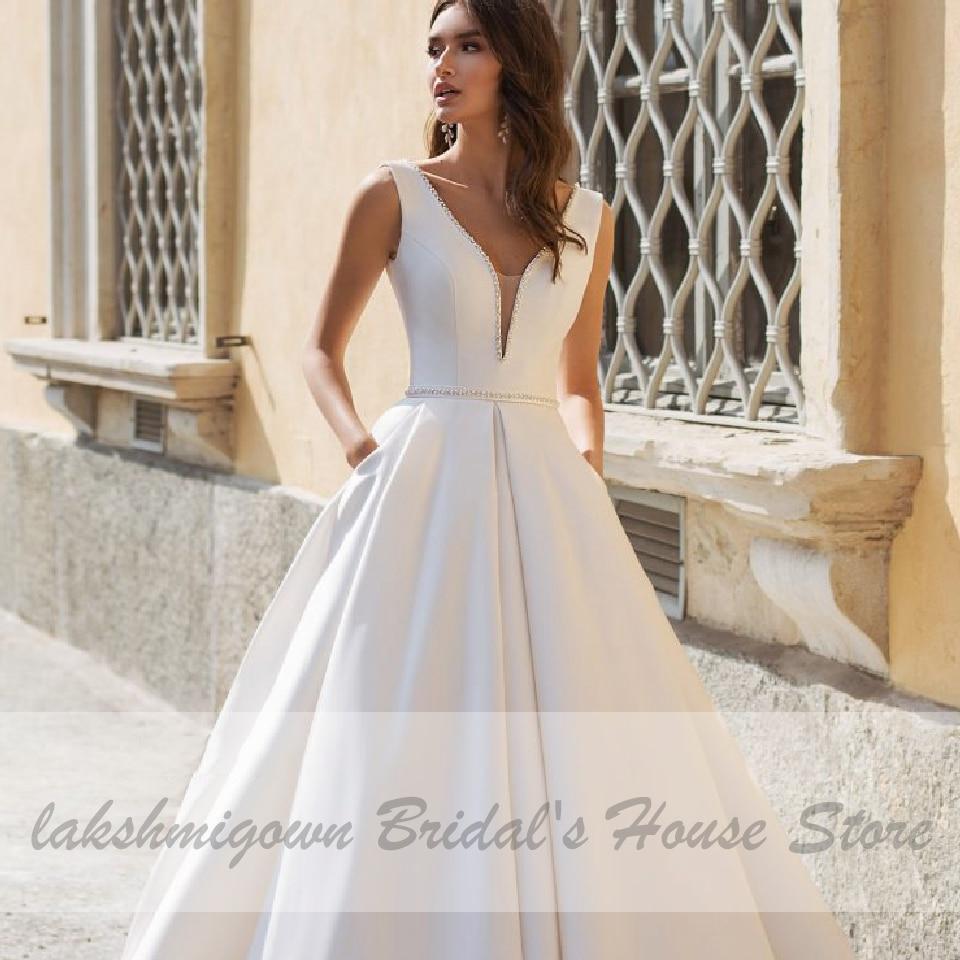 NumberSea - NumberSea Elegant A Line V Neck Satin Wedding Dresses with Pockets