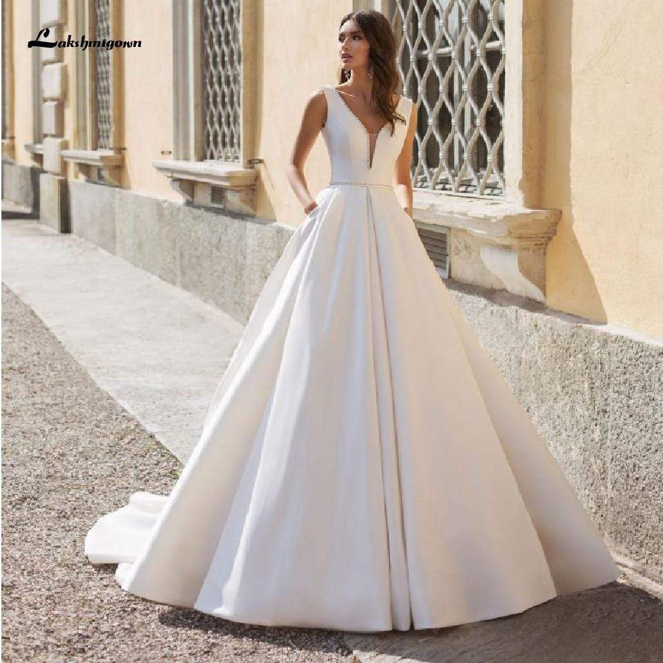 NumberSea - NumberSea Elegant A Line V Neck Satin Wedding Dresses with Pockets