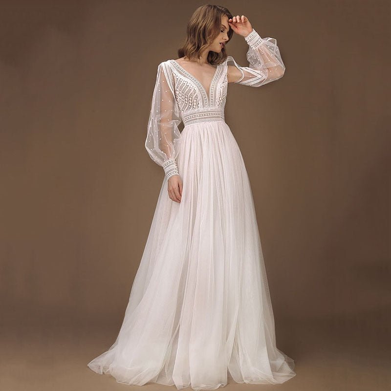 NumberSea - NumberSea Elegant A - Line Wedding Dress Puff Sleeves Tulle Boho Wedding Gowns Sexy Backless Vestido De Novia Princess Wedding Party Dress