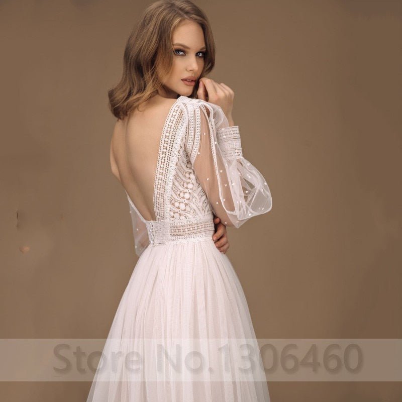 NumberSea - NumberSea Elegant A - Line Wedding Dress Puff Sleeves Tulle Boho Wedding Gowns Sexy Backless Vestido De Novia Princess Wedding Party Dress