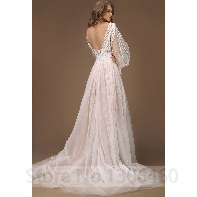 NumberSea - NumberSea Elegant A - Line Wedding Dress Puff Sleeves Tulle Boho Wedding Gowns Sexy Backless Vestido De Novia Princess Wedding Party Dress