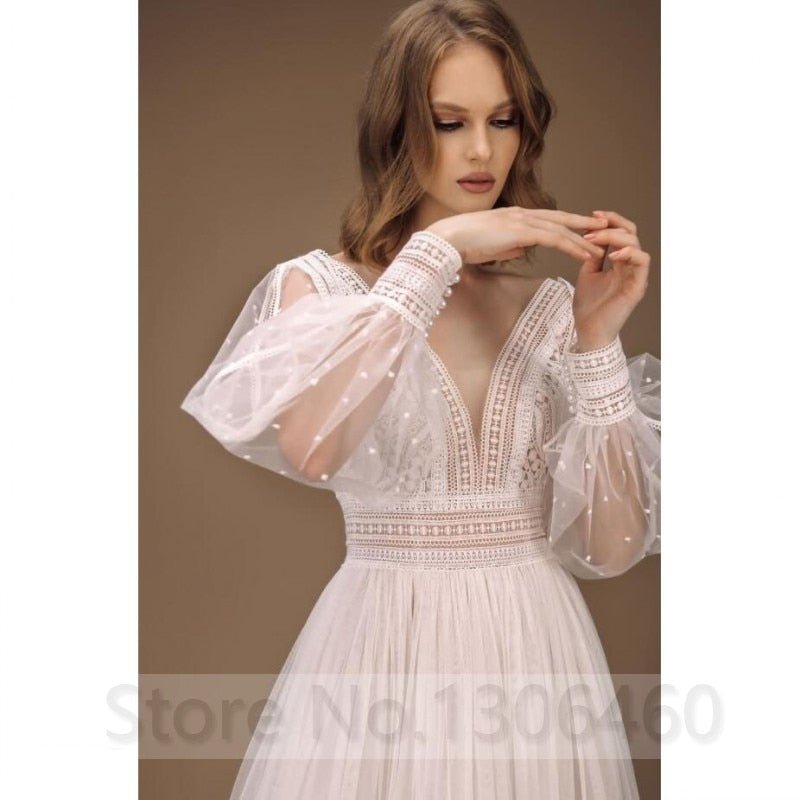 NumberSea - NumberSea Elegant A - Line Wedding Dress Puff Sleeves Tulle Boho Wedding Gowns Sexy Backless Vestido De Novia Princess Wedding Party Dress