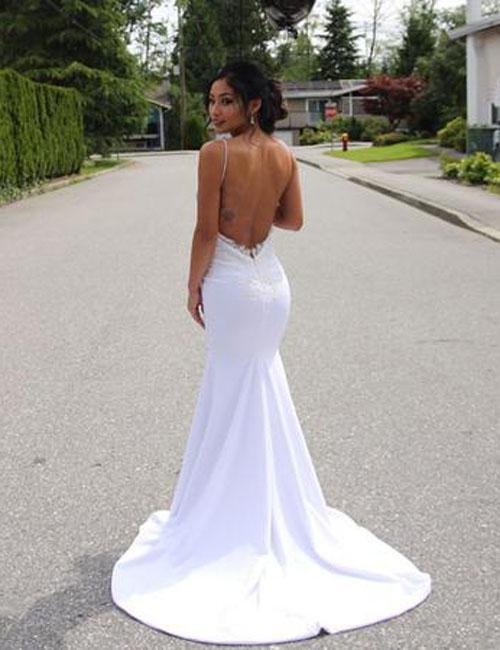 NumberSea - NumberSea Elegant Backless Mermaid Lace V - neck Long Wedding Dresses with Appliques, MW135