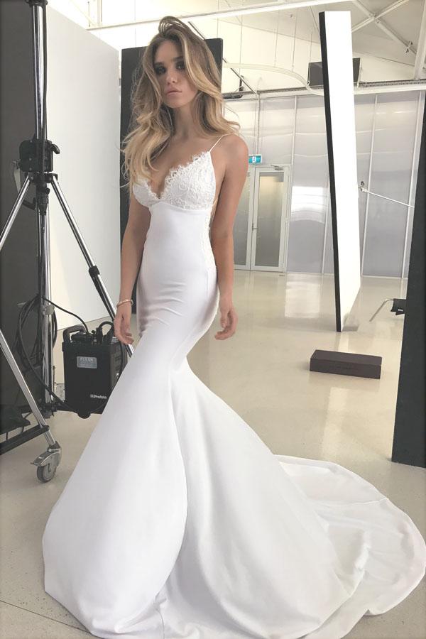 NumberSea - NumberSea Elegant Backless Mermaid Lace V - neck Long Wedding Dresses with Appliques, MW135