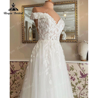 NumberSea - NumberSea Elegant Boho A Line Wedding Dress Off the Shoulder Lace Applique Cap Sleeve Bridal Gowns For Women vestido para boda playa 2022