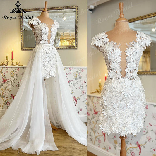 NumberSea - NumberSea Elegant Cap Sleeve Two Pieces Lace Floral Plunging Wedding Dress with Detachable Skirt 2025 Bridal reception Gown robe de soirée