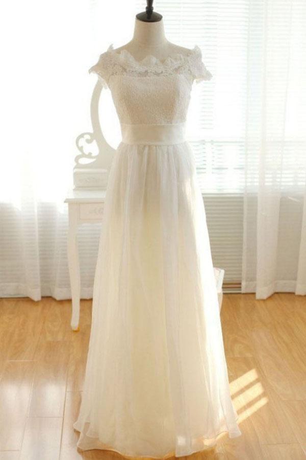 NumberSea - NumberSea Elegant Ivory Chiffon Lace Long Wedding Dresses, Pretty Bridal Gown, MW137