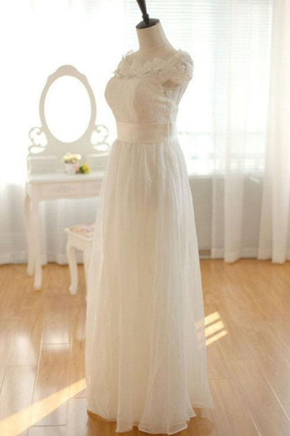 NumberSea - NumberSea Elegant Ivory Chiffon Lace Long Wedding Dresses, Pretty Bridal Gown, MW137