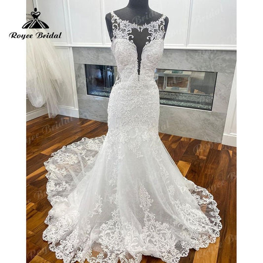 NumberSea - NumberSea Elegant Lace Appliques Mermaid/Trumpet Tulle O - Neck Wedding Dress Open Back Bridal Wedding Gowns vestido de casamento princesa