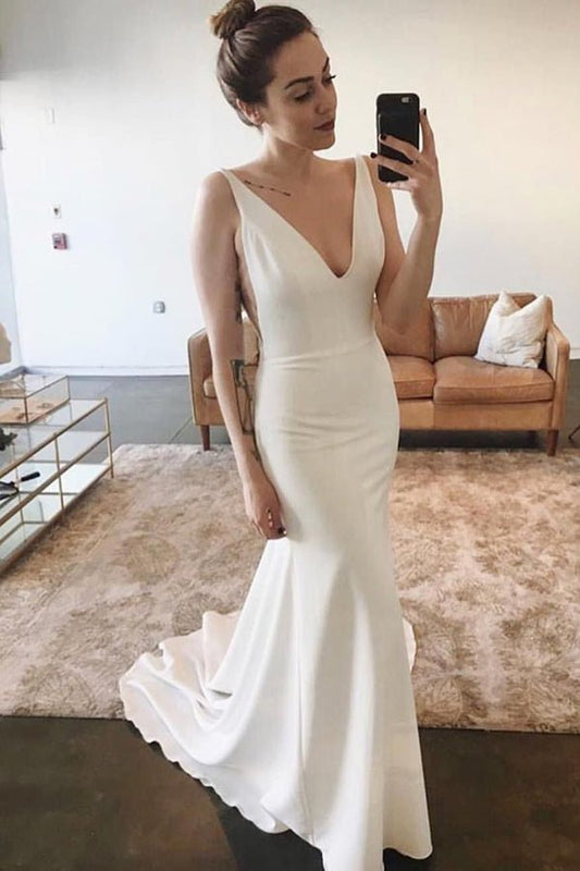 NumberSea - NumberSea Elegant Mermaid V - neck Open Back Sleeveless Soft Satin Long Wedding Dresses,MW474