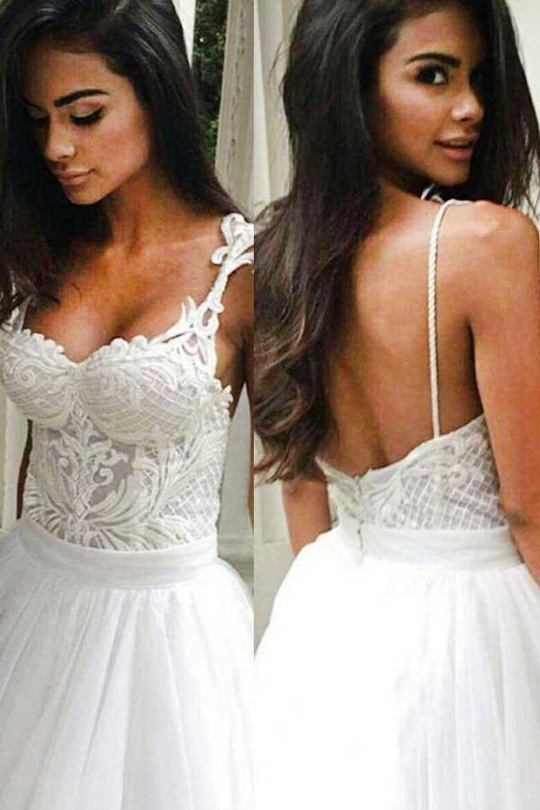 NumberSea - NumberSea Elegant Spaghetti Straps Backless Lace Top Wedding Dress with Sweep Train, MW136