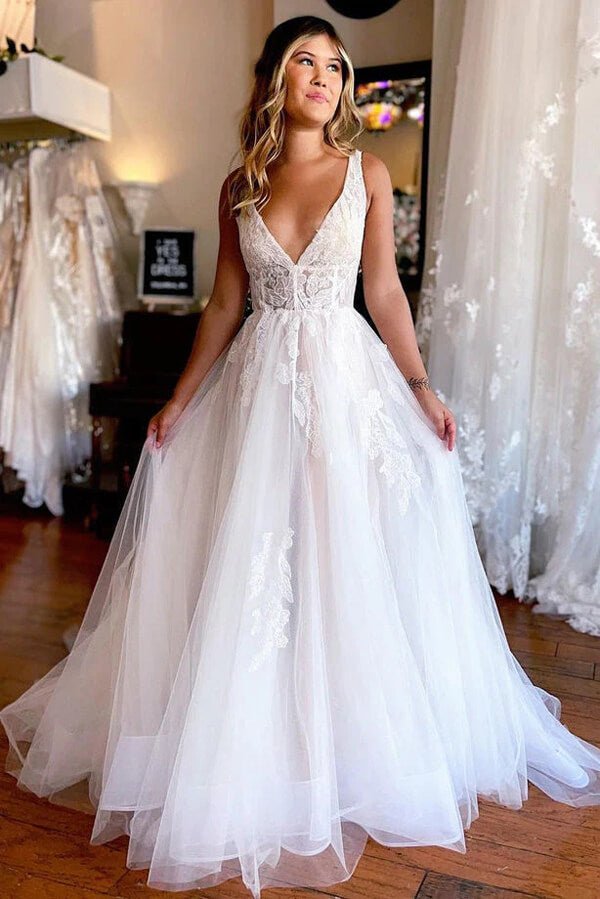 NumberSea - NumberSea Elegant Tulle A - line V - neck Beach Wedding Dresses With Lace Appliques, MW910