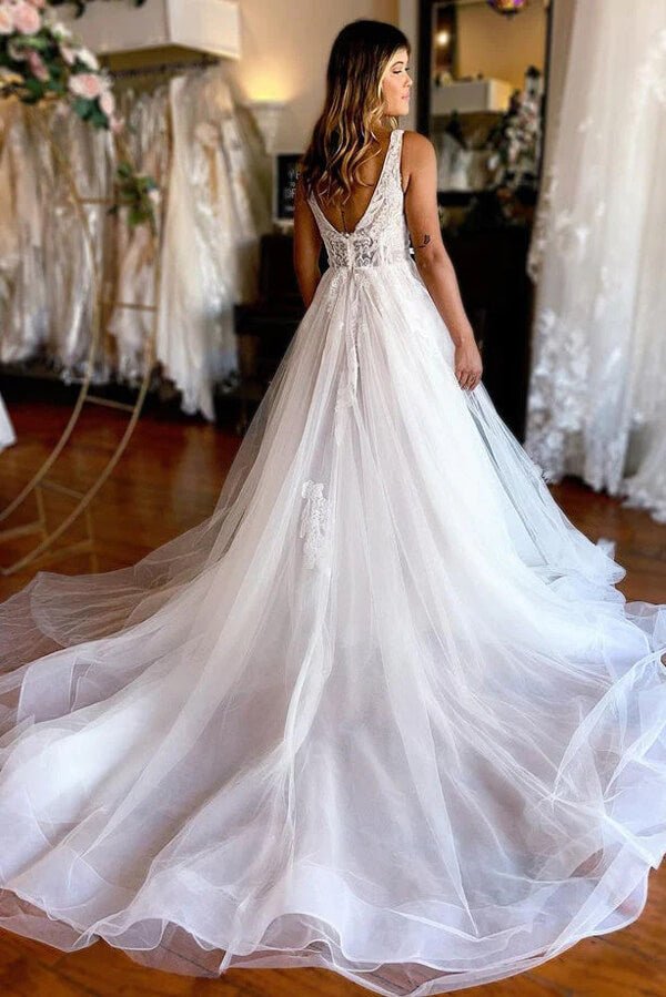 NumberSea - NumberSea Elegant Tulle A - line V - neck Beach Wedding Dresses With Lace Appliques, MW910