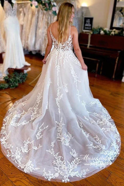 NumberSea - NumberSea Elegant Tulle A - line Wedding Dresses With Lace Appliques, Bridal Gown, MW929