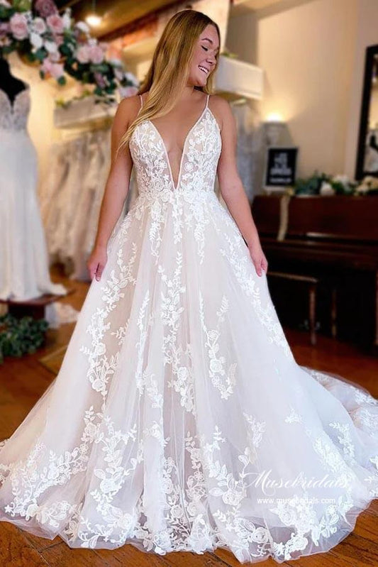 NumberSea - NumberSea Elegant Tulle A - line Wedding Dresses With Lace Appliques, Bridal Gown, MW929