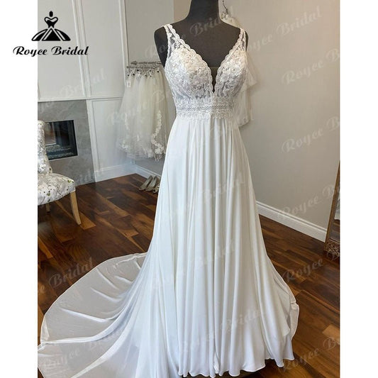 NumberSea - NumberSea Elegant V Neck A Line Lace Bodice Wedding Dress Backless Chiffon 2025 Vestidos Women Bridal Gowns robe de soirée de mariage Sexy