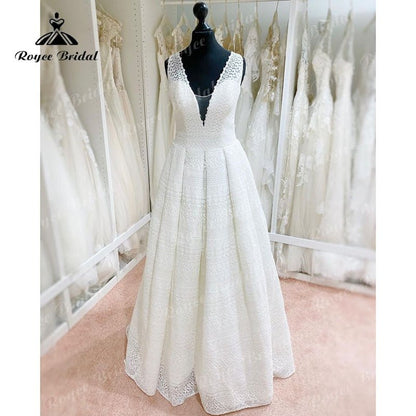 NumberSea - NumberSea Elegant vestido A Line Beach Wedding Dress V Neck Lace Open Back Sleeveless Sweep Train Wedding Gowns robe soirée mariage 2025