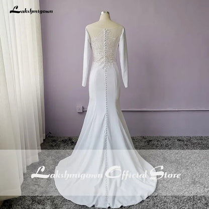 NumberSea - NumberSea Elegant White Stain Mermaid Wedding Dresses Long Sleeves Bridal Gown Vestido De Noiva Sweep/ Brush Train Wedding Gown