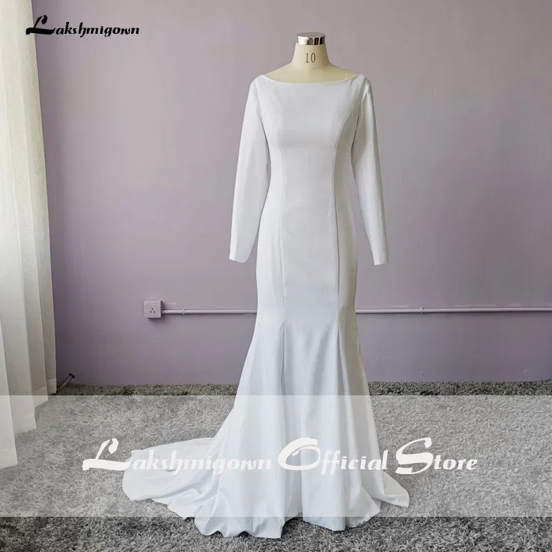 NumberSea - NumberSea Elegant White Stain Mermaid Wedding Dresses Long Sleeves Bridal Gown Vestido De Noiva Sweep/ Brush Train Wedding Gown