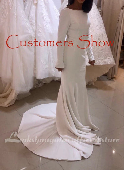 NumberSea - NumberSea Elegant White Stain Mermaid Wedding Dresses Long Sleeves Bridal Gown Vestido De Noiva Sweep/ Brush Train Wedding Gown