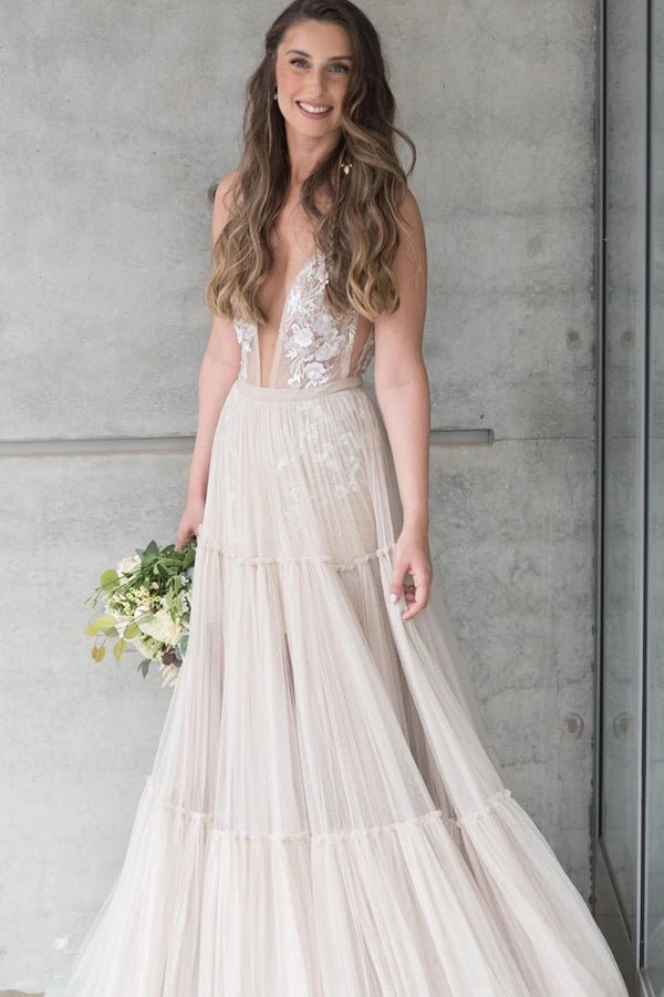 NumberSea - NumberSea Embroidery A - Line Appliques V - neck Bohemain Tulle Wedding Dress,MW441