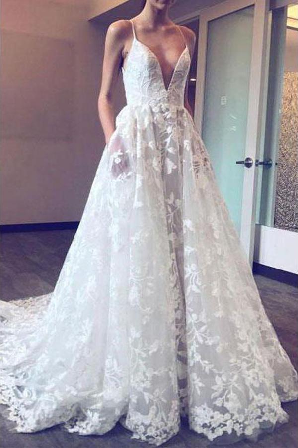 NumberSea - NumberSea Fabulous Deep V Neck Spaghetti Straps Lace Applique Ball Gown Wedding Dresses, MW150