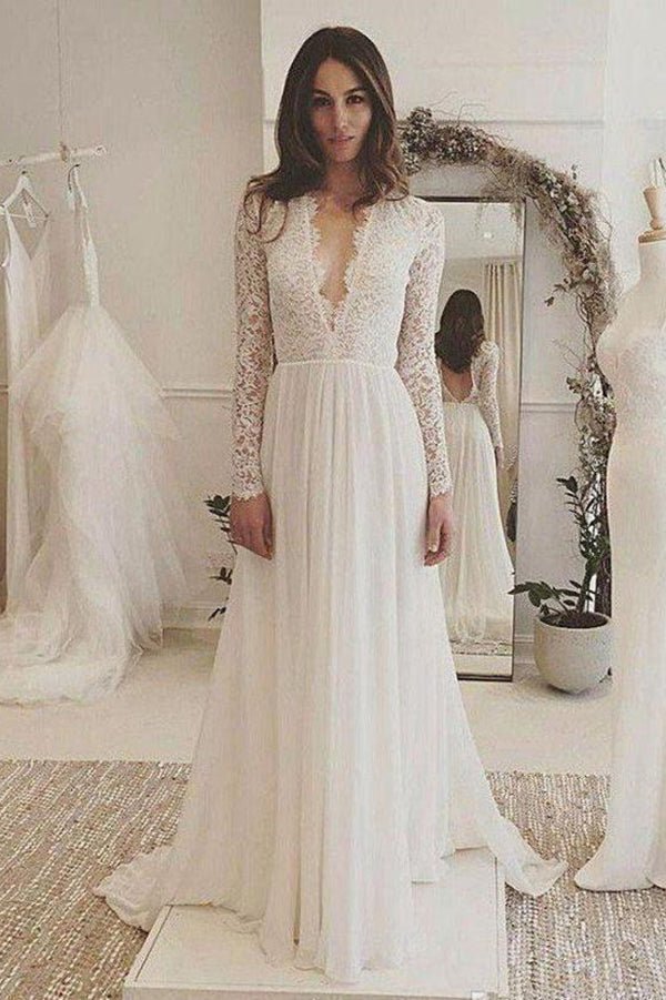 NumberSea - NumberSea Fabulous Ivory Lace Chiffon Long Sleeves Backless V - Neck Wedding Dresses, MW173