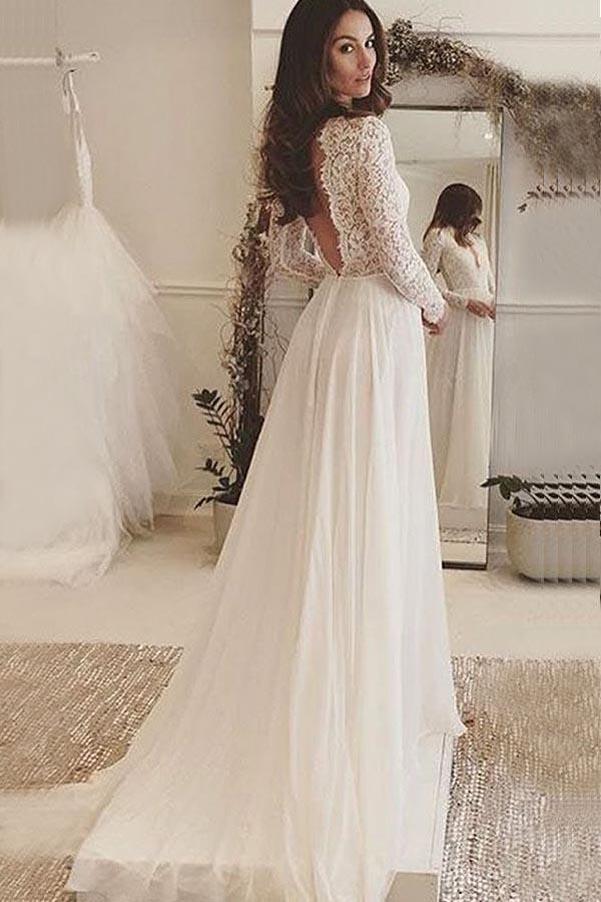 NumberSea - NumberSea Fabulous Ivory Lace Chiffon Long Sleeves Backless V - Neck Wedding Dresses, MW173