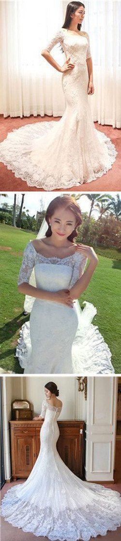 NumberSea - NumberSea Fabulous Mermaid Half Sleeve Off Shoulder Wedding Dresses, Affordable Bridal Dress, MW149