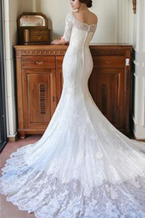 NumberSea - NumberSea Fabulous Mermaid Half Sleeve Off Shoulder Wedding Dresses, Affordable Bridal Dress, MW149