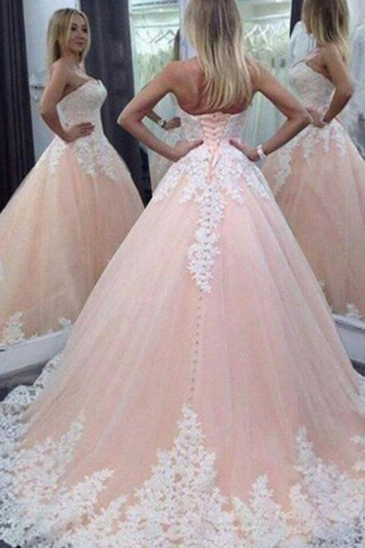 NumberSea - NumberSea Fabulous Pink A - line Sweetheart Long Wedding Dress with Appliques, MW220