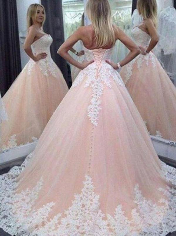 NumberSea - NumberSea Fabulous Pink A - line Sweetheart Long Wedding Dress with Appliques, MW220