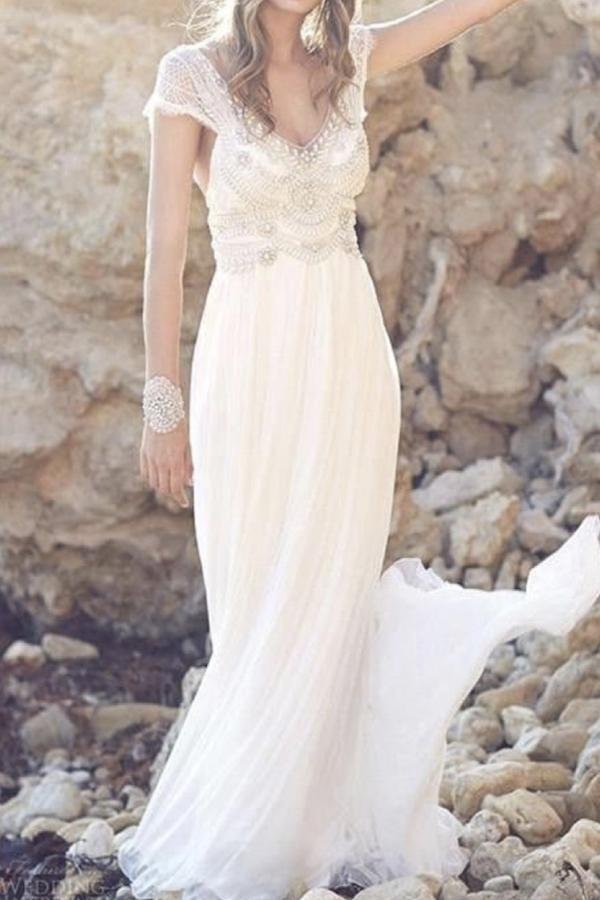 NumberSea - NumberSea Fabulous Tulle Cap Sleeves Long Beach Wedding Dress with Lace, MW146