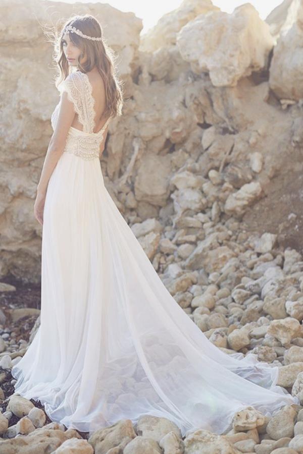 NumberSea - NumberSea Fabulous Tulle Cap Sleeves Long Beach Wedding Dress with Lace, MW146