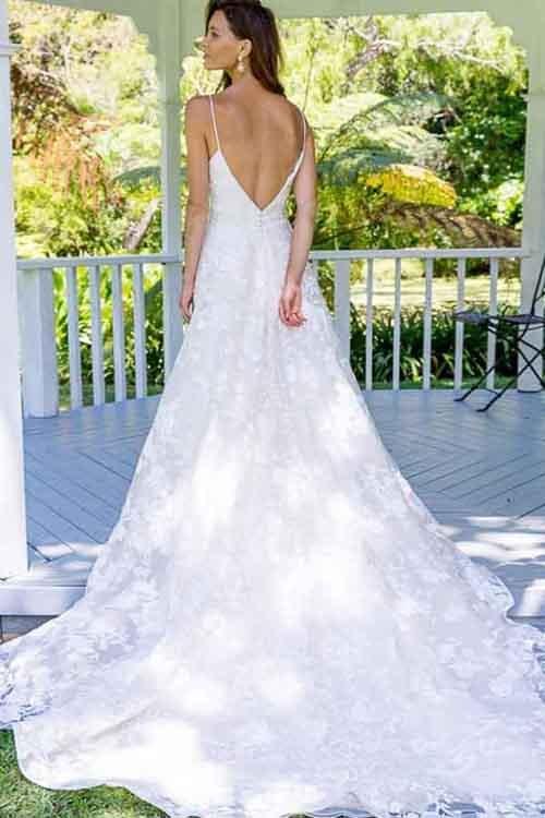 NumberSea - NumberSea Fabulous White Spaghetti Straps A - Line Backless Lace Long Wedding Dresses, MW152