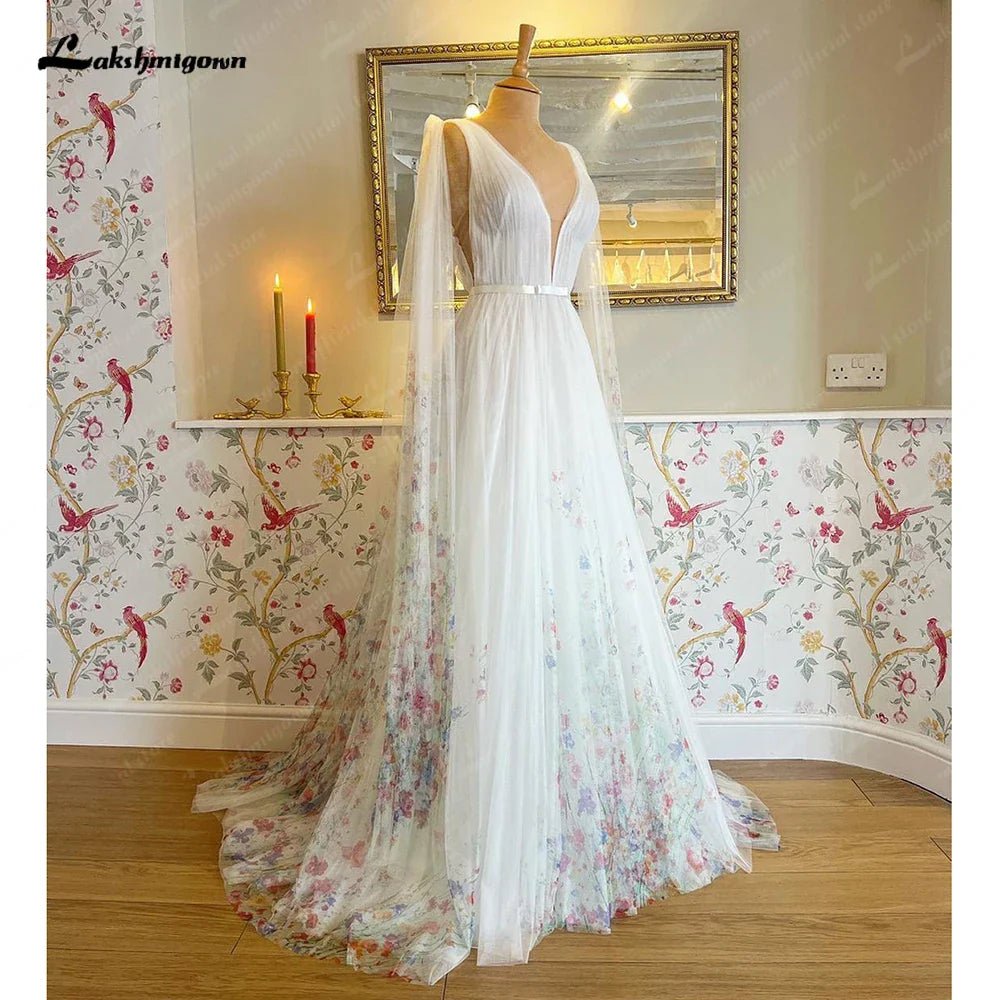 NumberSea - NumberSea Floral Beach Fairy Wedding Dresses with Cape 2025 Backless Wedding Gowns vestido de noiva princesa