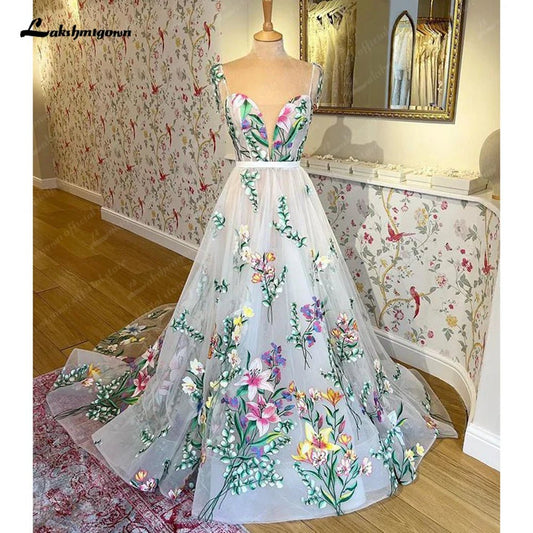 NumberSea - NumberSea Floral Print Lace Floral Garden Wedding Dress V Neck 2025 Beach Boho Bridal Gowns estido de noiva