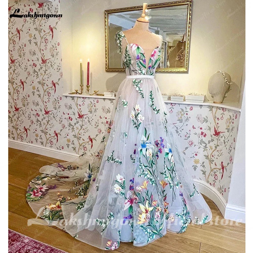 NumberSea - NumberSea Floral Print Lace Floral Garden Wedding Dress V Neck 2025 Beach Boho Bridal Gowns estido de noiva