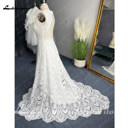 NumberSea - NumberSea Full Lace A Line Ivory Wedding Dress Open Back 2025 Sweep/ Brush Train Bridal Gowns sukienka na wesele