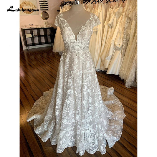 NumberSea - NumberSea Full Lace Boho Wedding Dress For Women Sexy V Neck Short Sleeves Bride Dress Lace Applique A - Line Sweep Train Custom