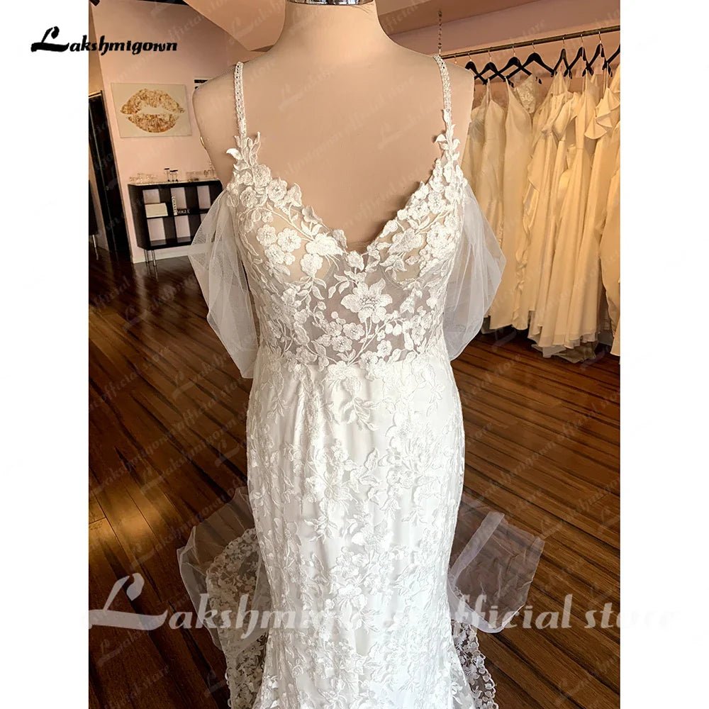 NumberSea - NumberSea Full Lace Bridal Gown Brautkleid Vintage Mermaid/Trumpet Boho Lace Appliques V Neck Wedding Gowns