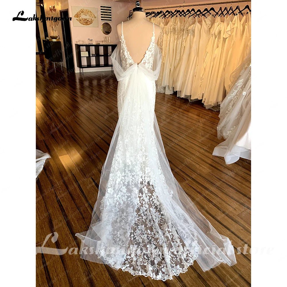 NumberSea - NumberSea Full Lace Bridal Gown Brautkleid Vintage Mermaid/Trumpet Boho Lace Appliques V Neck Wedding Gowns