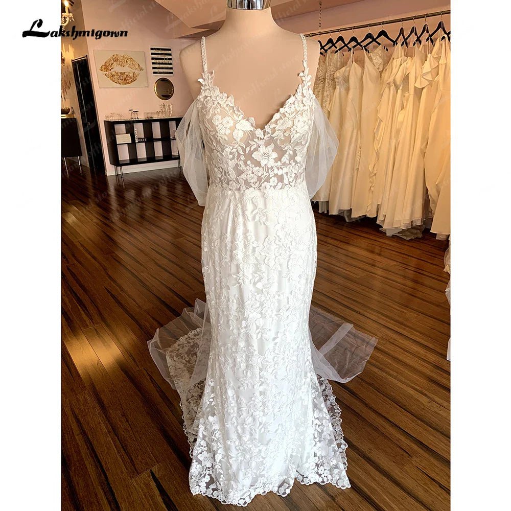 NumberSea - NumberSea Full Lace Bridal Gown Brautkleid Vintage Mermaid/Trumpet Boho Lace Appliques V Neck Wedding Gowns