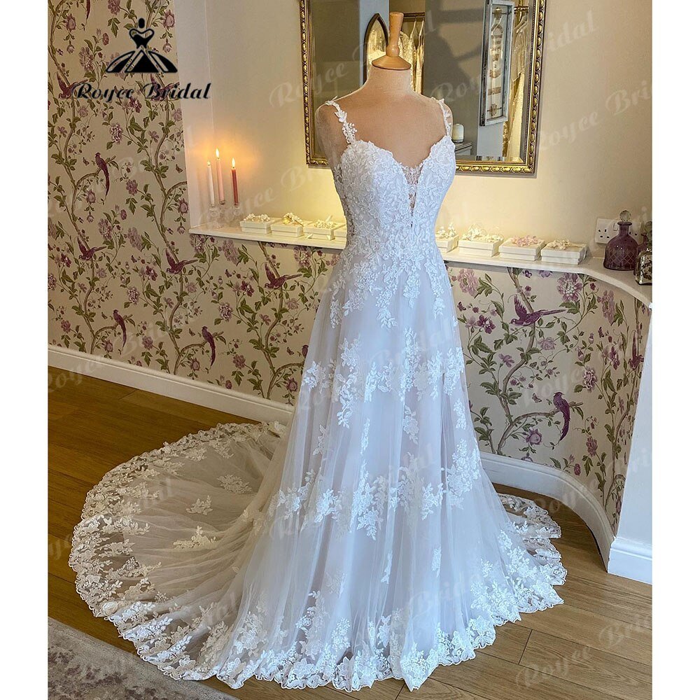 NumberSea - NumberSea Generous V Neck Lace Appliques Spaghetti Straps Split Side Civil Wedding Dress 2025 Vestido Novia Bridal Gown Women NumberSea