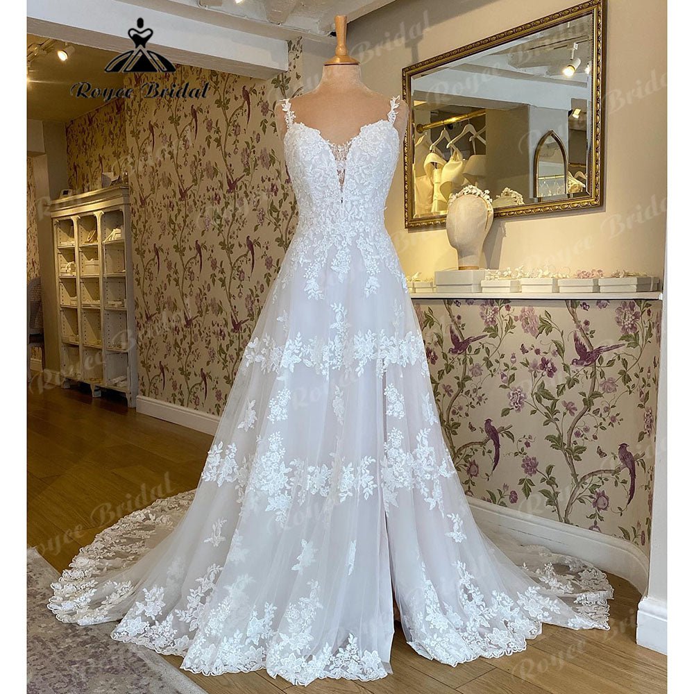 NumberSea - NumberSea Generous V Neck Lace Appliques Spaghetti Straps Split Side Civil Wedding Dress 2025 Vestido Novia Bridal Gown Women NumberSea