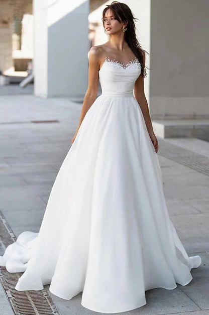 NumberSea - NumberSea Glamorous Satin A - line Sweetheart Modest Wedding Dresses With Pearls, MW1024