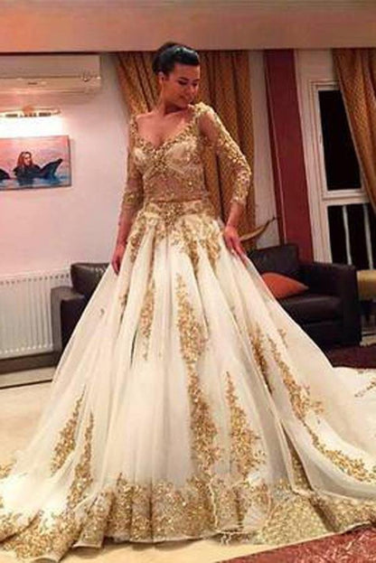 NumberSea - NumberSea Gold Lace Beaded V - Neck Long Sleeves Ball Gown Wedding Dresses with Chapel Train, MW154