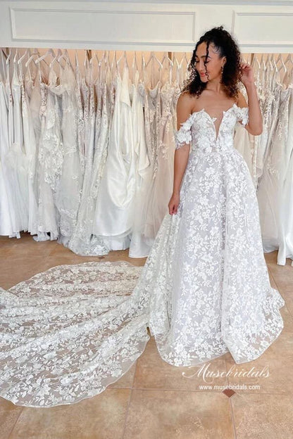 NumberSea - NumberSea Gorgeous A - line Off - the - Shoulder Wedding Dresses With Lace Appliques, MW954