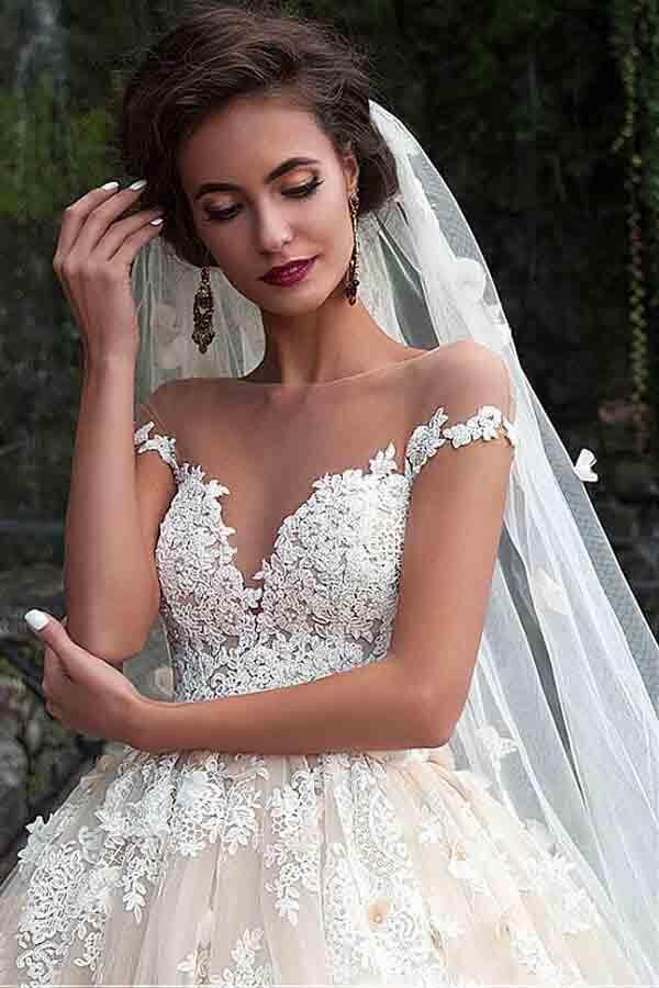 NumberSea - NumberSea Gorgeous Ball Gown Cap Sleeves Wedding Dresses With Lace Appliques, MW993